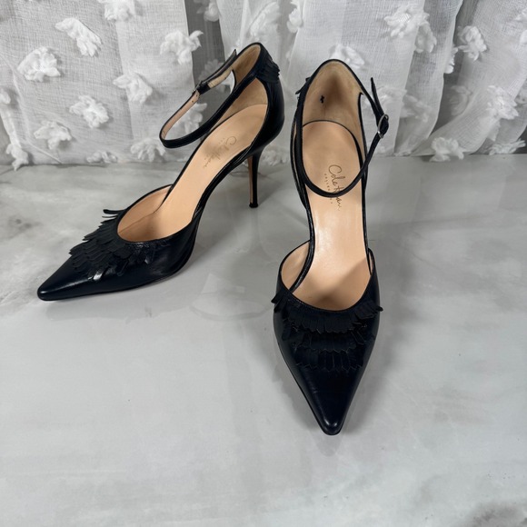 Cole Haan Shoes - Cole Haan Collection Black Fringe Stiletto Heels Ankle Strap Pointed Toe Leather